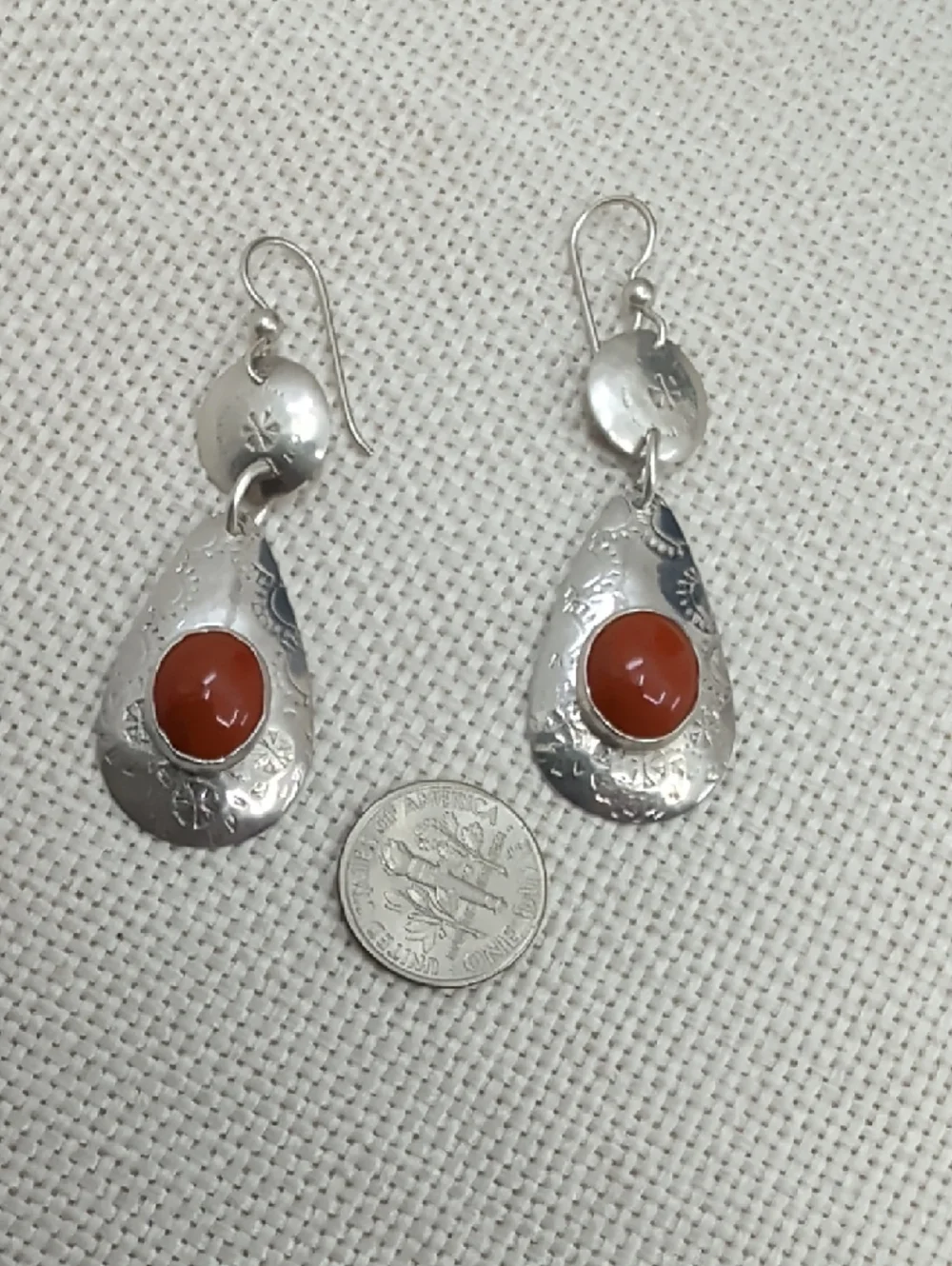 Vintage Sterling Silver Red Coral Cabochon Teardrop Dangle Earrings Artisan